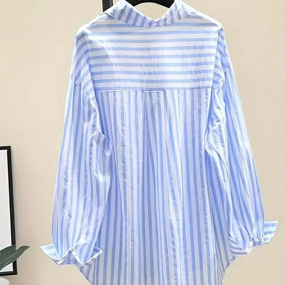Blue Casual Women's Striped Print Long Sleeve Chest Pocket Shirt - Picture 2 of 3